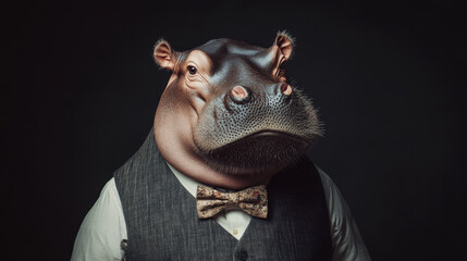charming hippo dressed in dapper vest and bowtie exudes unique personality, blending elegance with whimsy in this striking portrait