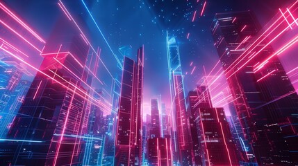 Fototapeta premium Futuristic cityscape with neon lights shining through high skyscrapers, creating a vibrant urban atmosphere and dynamic visuals.