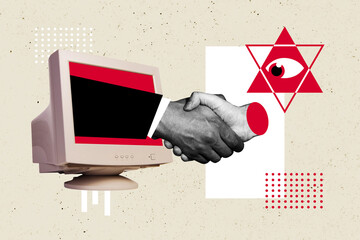 Composite photo collage of business people support cooperation peek pc monitor eyeball spy esoteric...