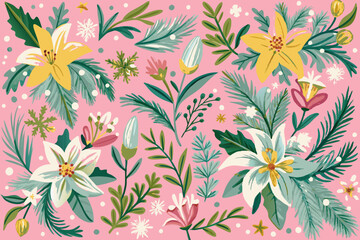 Vibrant Floral Pattern with Tropical Blossoms and Foliage Illustration