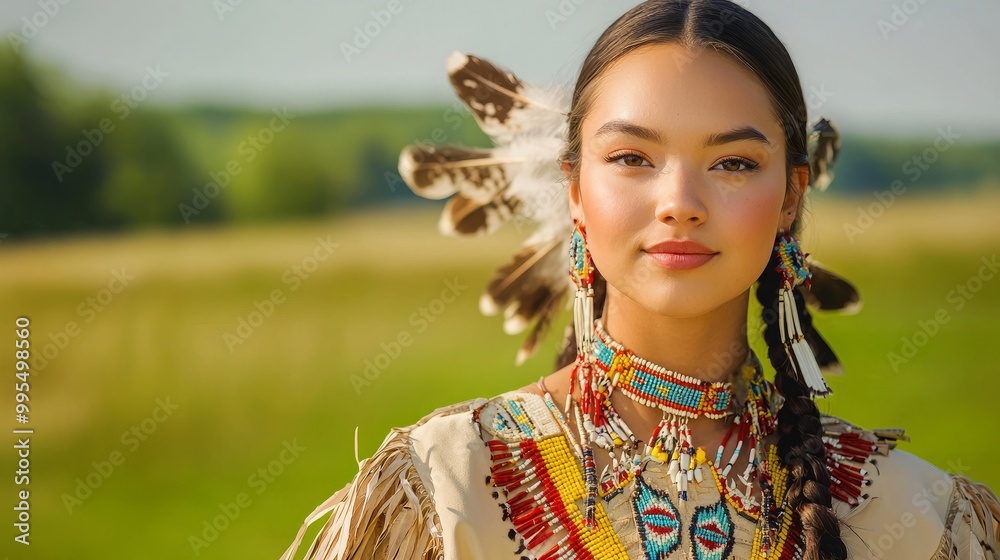 Wall mural bride from indigenous culture in richly embroidered traditional garments with beadwork and feathers 