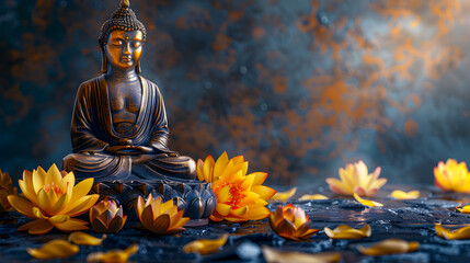 Fototapeta premium Gold Buddha statue and yellow lotus flowers on empty dark background with copy space, yoga, meditation and relaxation time