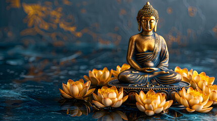 Fototapeta premium Gold Buddha statue and yellow lotus flowers on empty dark background with copy space, yoga, meditation and relaxation time
