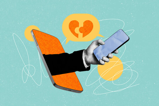 Composite photo collage of hand hold iphone device love correspondence puzzles match heart notification talk isolated on painted background