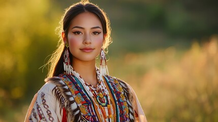 Exquisite Portrait of a Native American Bride in Richly Detailed Dress with Vibrant Beadwork and Ceremonial Artifacts, Set Against a Scenic Outdoor Backdrop