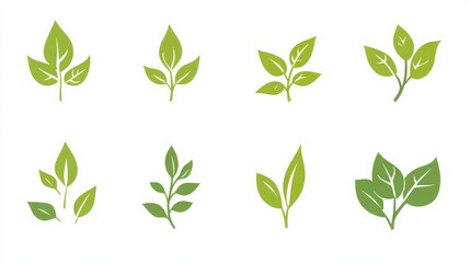 Green leaf icon set for natural, eco, vegan, and bio labels. 