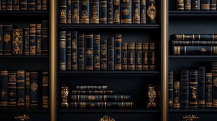 Obraz premium A detailed bookshelf filled with ornate, dark-colored books showcasing decorative spines and a classic aesthetic.