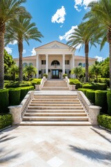 A luxurious mansion with palm trees, a grand staircase, and manicured gardens under a bright blue sky.