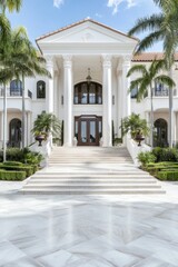 A grand mansion featuring elegant columns, a spacious staircase, and lush greenery, set against a clear blue sky.