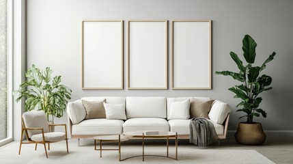 Light living room with sofas, a rattan table, and a soft carpet. 