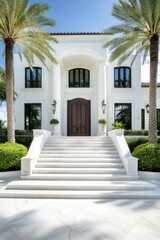 Fototapeta premium A modern, elegant white house with a grand entrance, featuring palm trees and a wide staircase leading to a dark wooden door.