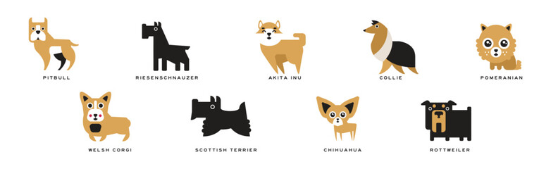 Different Dog Breed Flat Icon and Pictogram with Inscription Vector Set