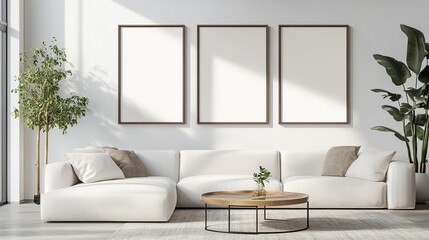 Fototapeta premium Light living room with sofas, a rattan table, and a soft carpet. 