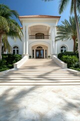 A stunning, luxurious mansion featuring a grand entrance surrounded by lush greenery and bright sunshine.