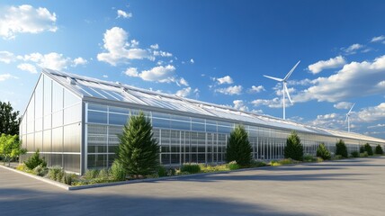 Obraz premium A modern greenhouse featuring glass walls, surrounded by trees and open space, with a wind turbine visible in the background against a blue sky.