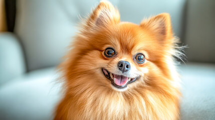 Happy pomeranian dog smiling on the couch