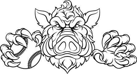 A wild boar, hog razorback warthog pig mean tough cartoon sports mascot holding a baseball or softball ball