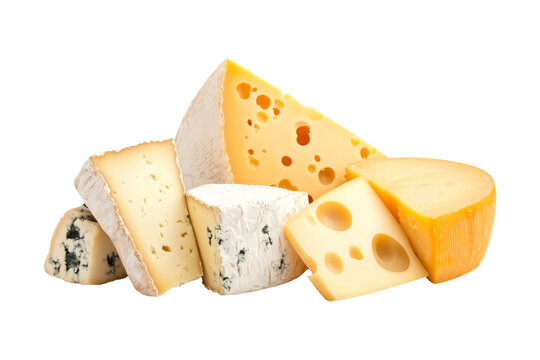 Assorted cheese varieties displayed, including aged, semi-soft, and blue cheese isolated on white background. Concept of dairy products and Italian cuisine