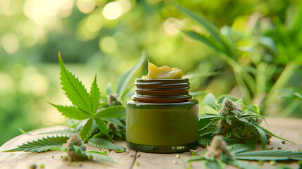 Jar of CBD cream on a rustic wooden table with hemp leaves and medical cannabis flower buds nearby, alternative treatment and bodycare with natural cosmetic product