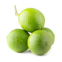 Whole and sliced limes, Sour green fruit isolated on a white background.