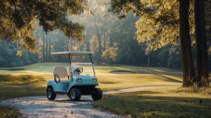 Fototapeta premium Morning light filters through trees onto an unoccupied blue and white golf cart on a peaceful golf course.