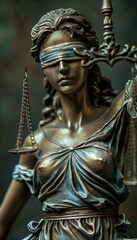 Close up of a blindfolded justice statue holding scales, capturing timelessness and fairness