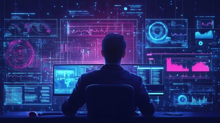 Data science and big data technology. Scientist computing, analyzing and visualizing complex data set on computer. Data mining, artificial intelligence, machine learning, business analytics.