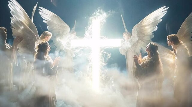 angles with wings around a christian cross made of white glowing light Generative AI
