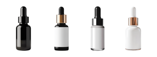 Collection of dropper bottles in black and white isolated on white background