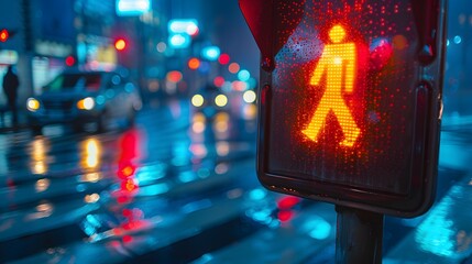 Conceptual image of a traffic intersection with a digital display showing a flashing prohibition sign symbol for pedestrians.
