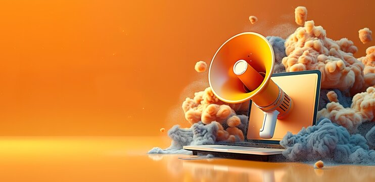 A megaphone pops out of a laptop screen, surrounded by abstract shapes and color, symbolizing the power of digital marketing and communication.