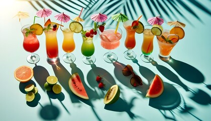 A row of summer tropical holiday cocktails on a bright background with hard directional sun shadow