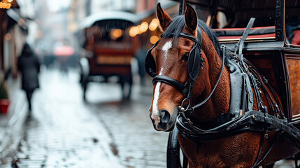 Obraz premium Vintage Horse-Drawn Carriage Trotting Down a Cobblestone Street in the Rain