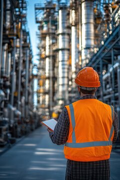Photo-Realistic Image of Large Industrial Gas Plant with Engineer in Orange Safety Vest Holding Notebook

