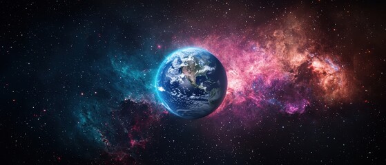Naklejka premium Artistic rendering of Earth surrounded by a cosmic aura, with celestial bodies and colorful nebulae swirling in a dynamic and visually striking manner