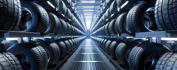 Fototapeta premium Rows of tires in a warehouse. A perspective shot down the length of the warehouse. Tires are stacked neatly in rows, making a repeating pattern.