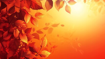 Fototapeta premium A background with shades of red and orange, like a sunset, with autumn leaves around it.