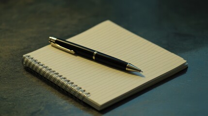 A blank notepad and pen ready for writing sit on a desk.