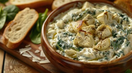 A bowl of creamy spinach and artichoke dip with bread.