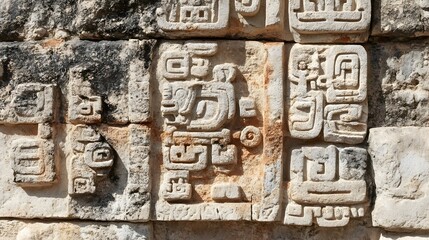 Closeup view of an intricate hieroglyphic inscription carved into a stone monument depicting a historical narrative or events from the ancient Mesoamerican civilization