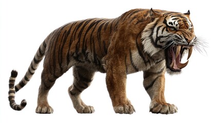 Obraz premium A sabre-toothed tiger, isolated from background, showcasing its long fangs and muscular body