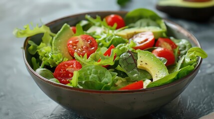 A bowl of fresh green salad with avocado and cherry tomatoes.