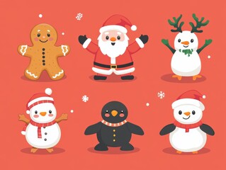 2408 26.A festive vector banner set featuring a cute collection of Christmas characters including Santa Claus, a smiling gingerbread man, a jolly snowman, a playful reindeer, a cheerful penguin, and