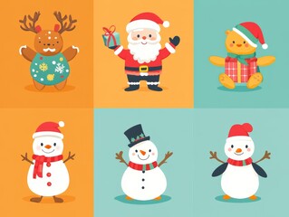 2408 27.A colorful vector set of cute Christmas characters, including Santa Claus holding a gift, a gingerbread man with a candy cane, a snowman wearing a scarf, a reindeer with antlers, a playful