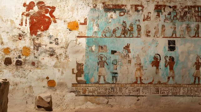 Detailed Fragment of a Painted Mural from the Civilization Showcasing Intricate Scenes of Daily Activities Rituals and Cultural Practices from the Ancient Mesoamerican World