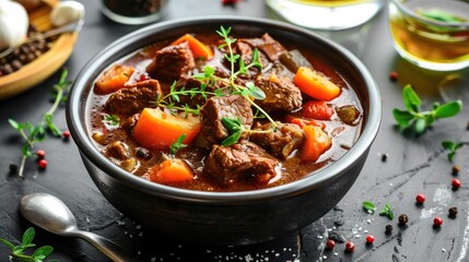 A bowl of hearty beef stew with vegetables and herbs.