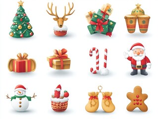 Fototapeta premium 2408 31.A detailed vector set of Christmas icons featuring a variety of festive elements, including golden bells, Santa holding gifts, a reindeer with antlers, an angel with a halo, a nutcracker