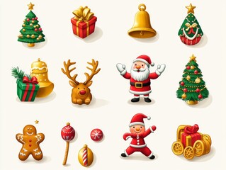 Fototapeta premium 2408 31.A detailed vector set of Christmas icons featuring a variety of festive elements, including golden bells, Santa holding gifts, a reindeer with antlers, an angel with a halo, a nutcracker