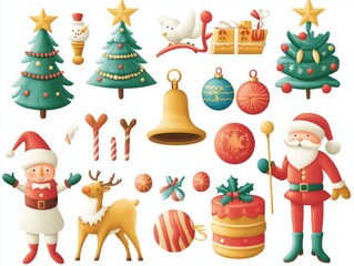 Fototapeta premium 2408 32.A colorful Christmas icon collection in vector style, showcasing festive elements such as a golden bell, Santa with his sleigh, a reindeer leaping, an angel blowing a trumpet, a nutcracker
