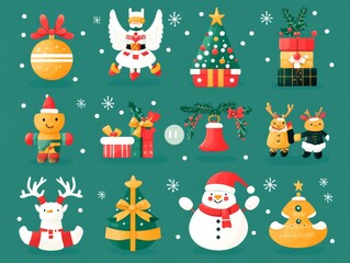 2408 35.A vector icon set featuring classic Christmas elements, including a bell with a red ribbon, Santa Claus holding presents, a reindeer with holly on its antlers, an angel with a trumpet, a